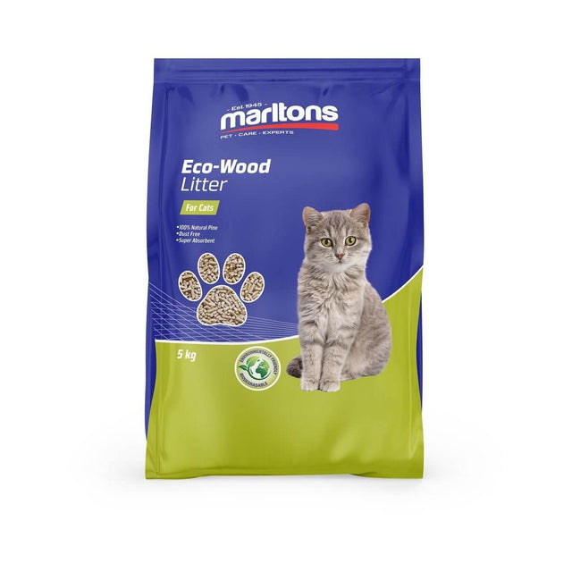 Marltons Eco Cat Litter Pellets bag featuring a cat, 100% natural wood, biodegradable, and eco-friendly litter for cats.