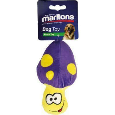 Marltons Plush Mushroom Dog Toy, soft purple plush toy for dogs, 14cm size, featuring a playful design with polka dots.