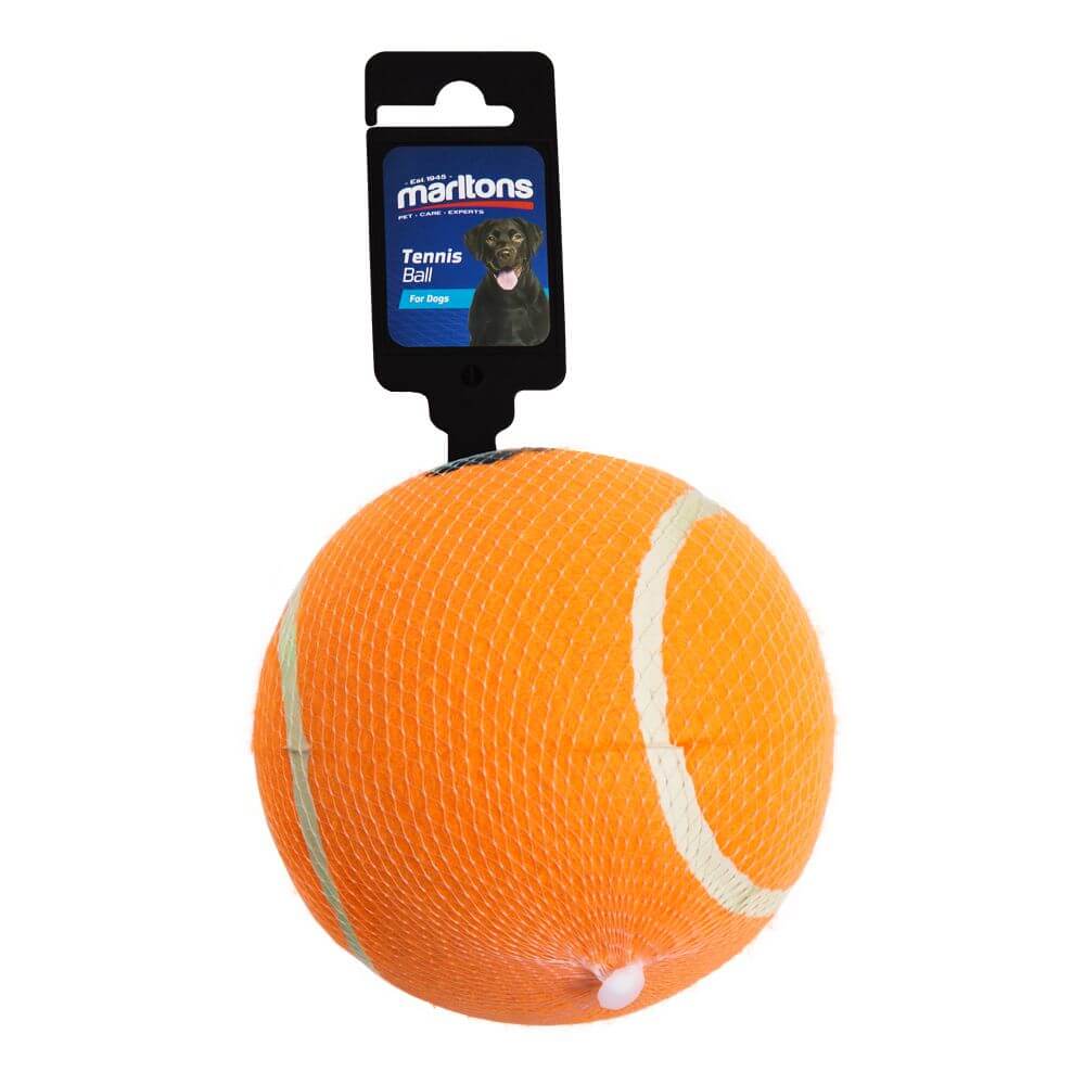 Marltons X-Large 13cm tennis ball dog toy in orange with a tag, designed for fun and safe play for dogs.