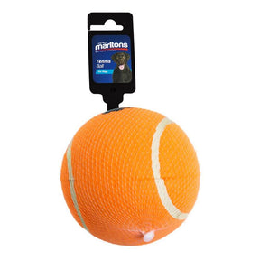 Marltons X-Large 13cm tennis ball dog toy in orange with a tag, designed for fun and safe play for dogs.