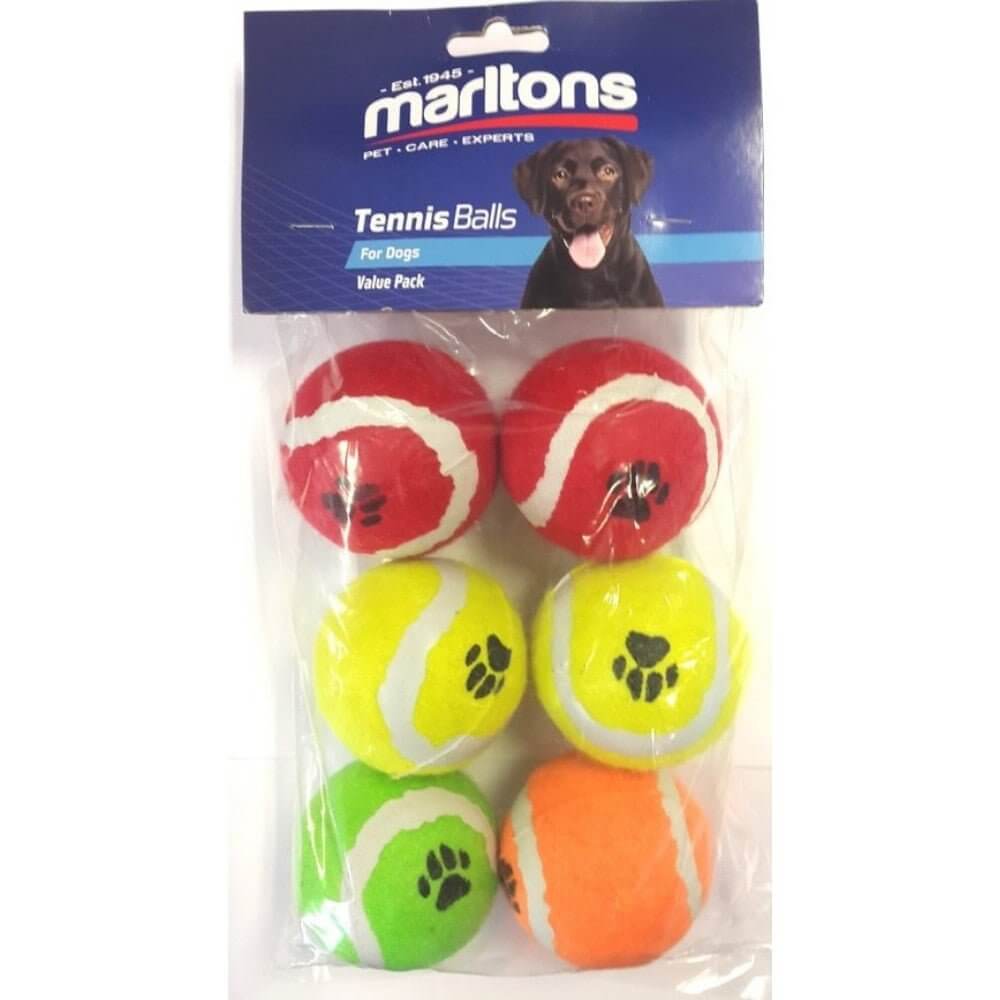 Marltons 6 pack of tennis balls for dogs in vibrant colors, perfect for playtime and fun.