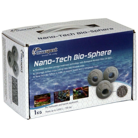 Maxspect Nano-Tech Bio-Spheres 1kg box for freshwater and marine aquarium filtration, featuring advanced microbial technology.