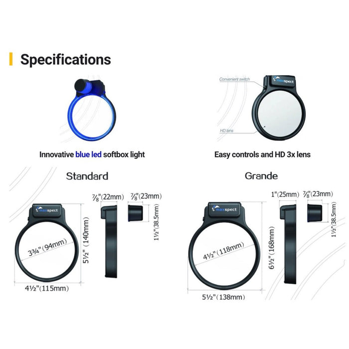 Maxspect Pastel Reef Magnifier specifications showing standard and grande sizes with blue LED softbox light features.