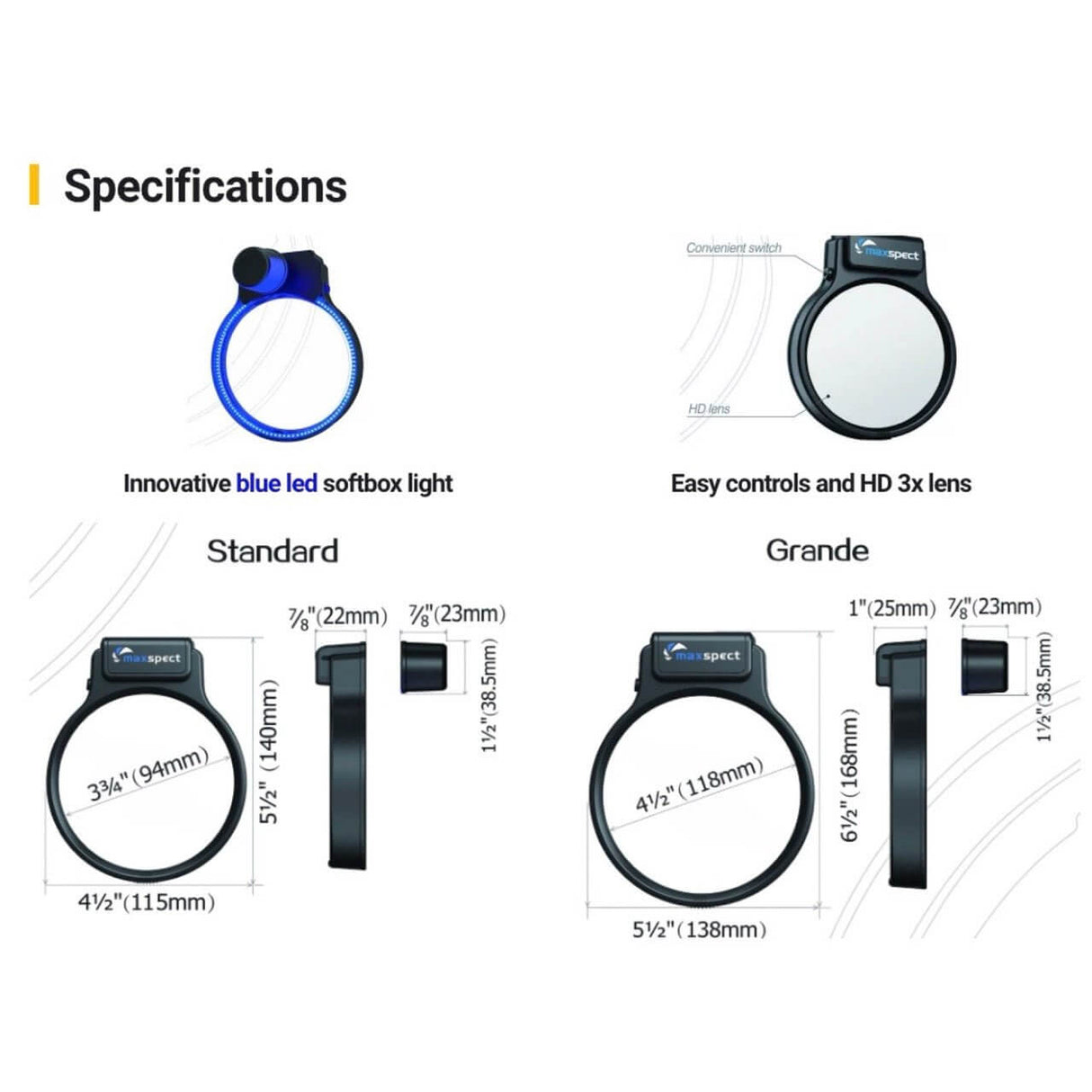 Maxspect Pastel Reef Magnifier specifications showing standard and grande sizes with blue LED softbox light features.