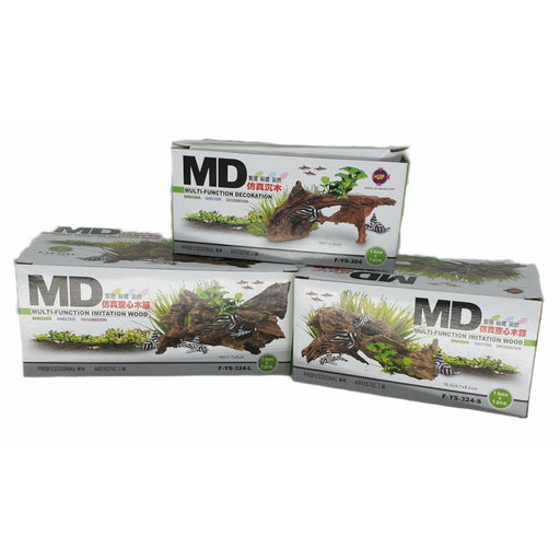 MD Wood Decorations packages showcasing multifunctional aquarium ornaments for natural aquatic aesthetics.