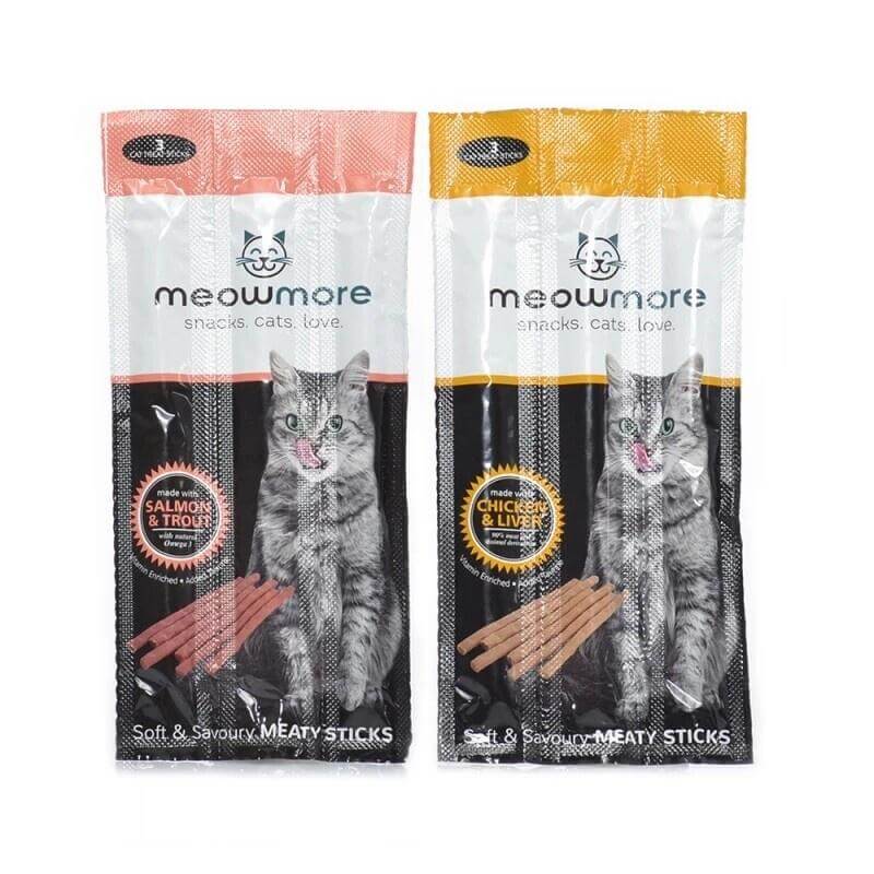Meow More Cat Treat Sticks 3-Pack featuring Salmon & Trout and Chicken & Liver flavors for healthy feline treats.