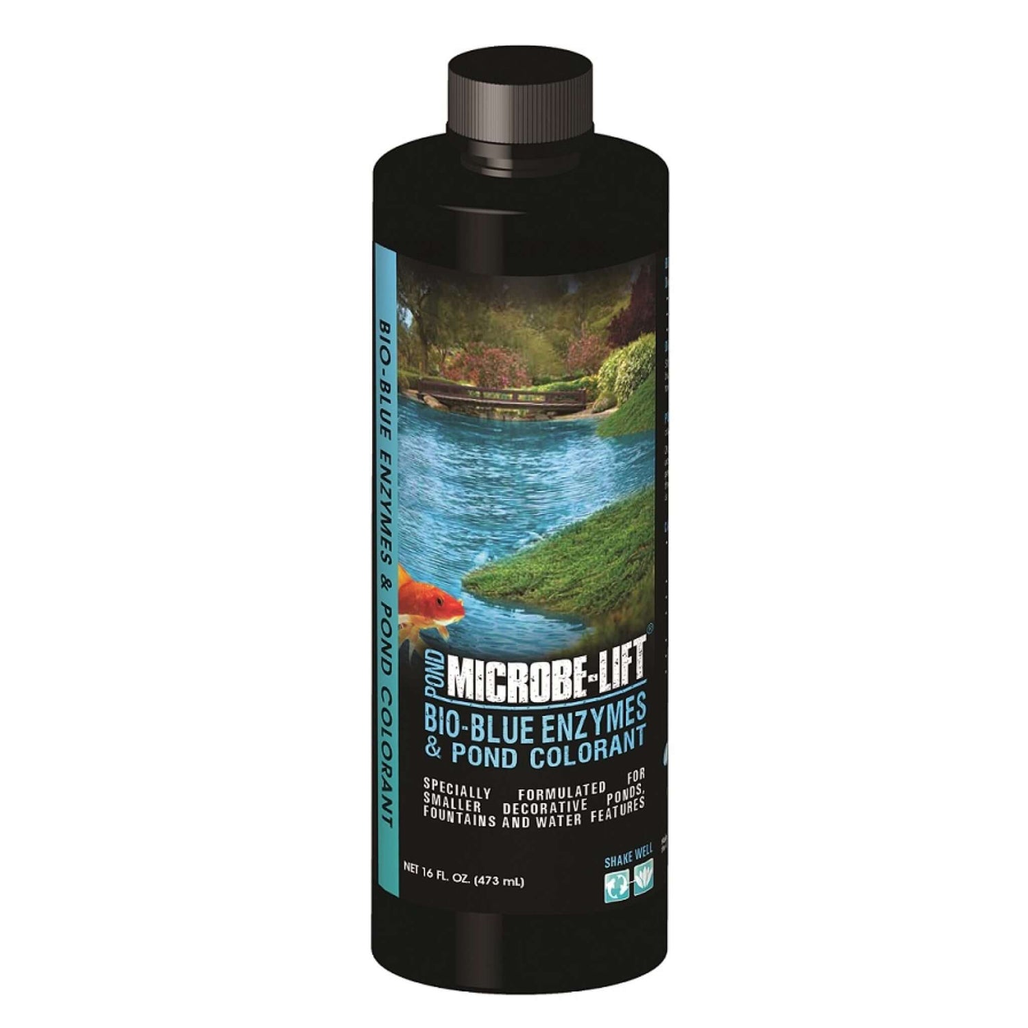 Microbe-Lift Bio-Blue Enzymes and Pond Water Colorant in a bottle, designed for ponds, fountains, and decorative water features.