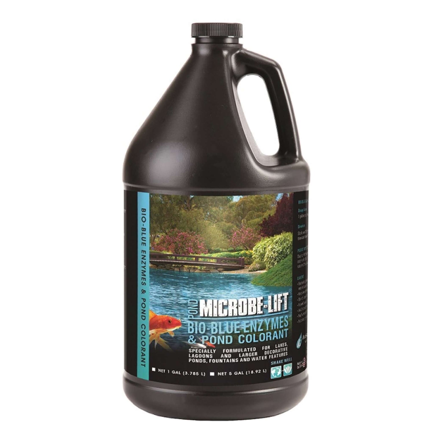 Microbe-Lift Bio-Blue Enzymes and Pond Water Colorant in a gallon container, ideal for adding blue color to ponds and water features.