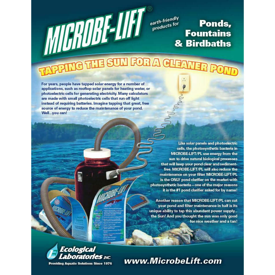 Microbe-Lift eco-friendly products for ponds, fountains, and birdbaths promoting cleaner water and solar energy usage.