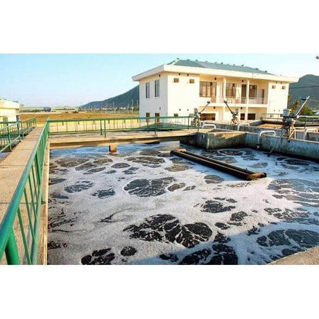 Industrial wastewater treatment facility with microbial activity and foam on surface.