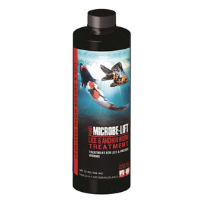 Microbe-Lift Lice and Anchor Worm Treatment bottle for effective fish disease control. Suitable for scaleless fish and safe for biological filtration.