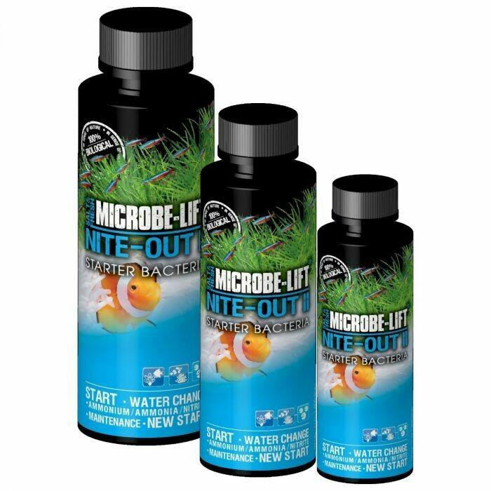 Microbe-Lift Nite-Out II bottles for ammonia reduction in freshwater and saltwater aquariums, featuring nitrifying starter bacteria.