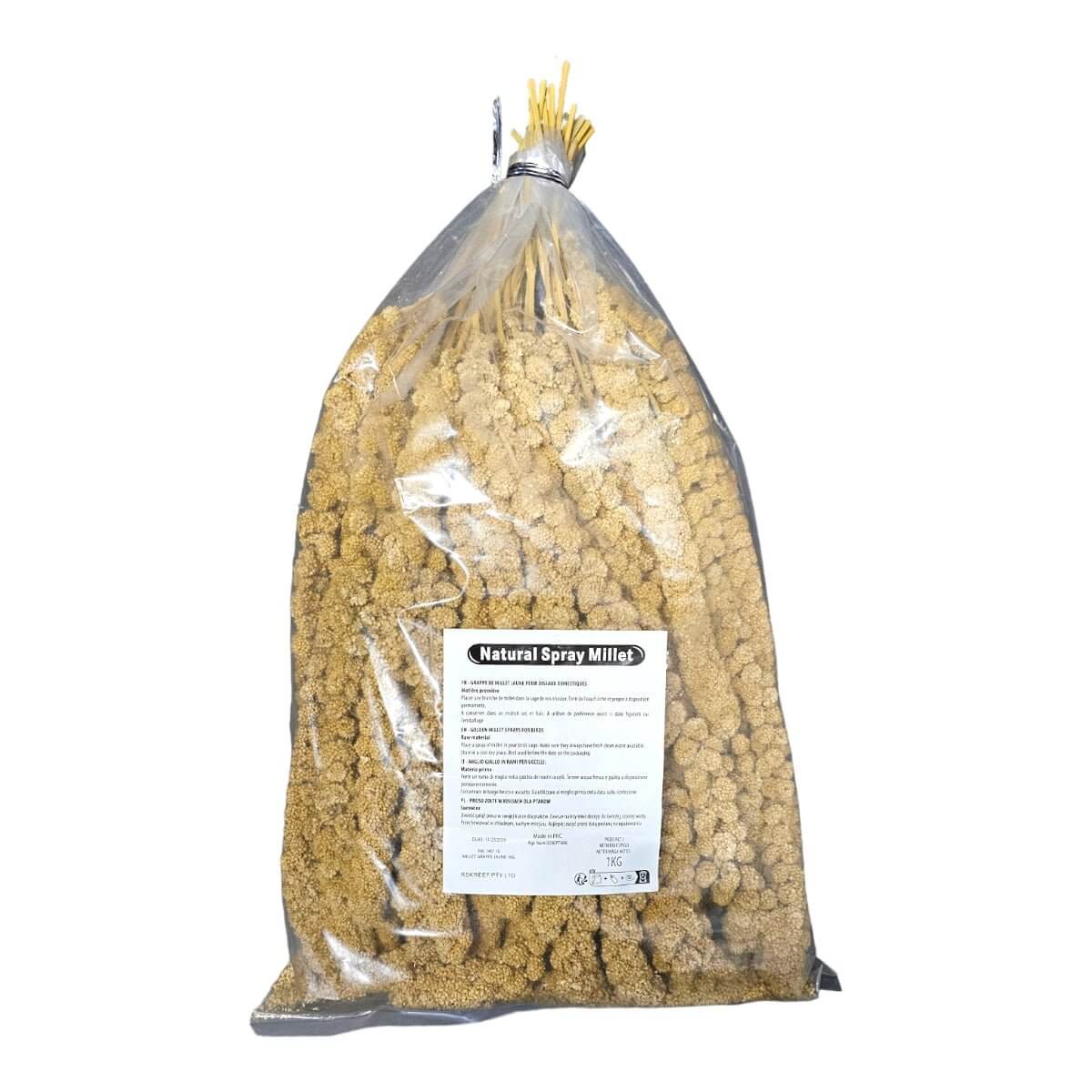 Natural Spray Millet 1kg bag, ideal bird treat with appealing texture for foraging and entertainment.