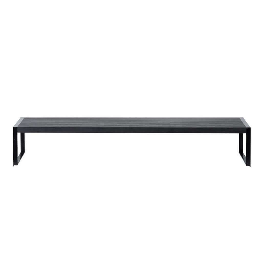 Sleek black modern bench with a minimalistic design and sturdy rectangular frame. Perfect for outdoor or indoor use.