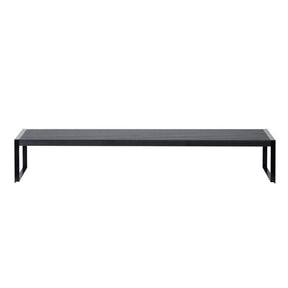 Sleek black modern bench with a minimalistic design and sturdy rectangular frame. Perfect for outdoor or indoor use.