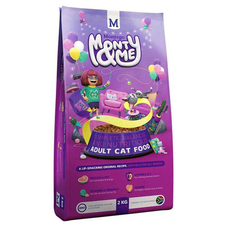 Monty & Me Adult Cat Food packaging featuring colorful design, suitable for all breeds, 2 kg bag of nutritious cat food.