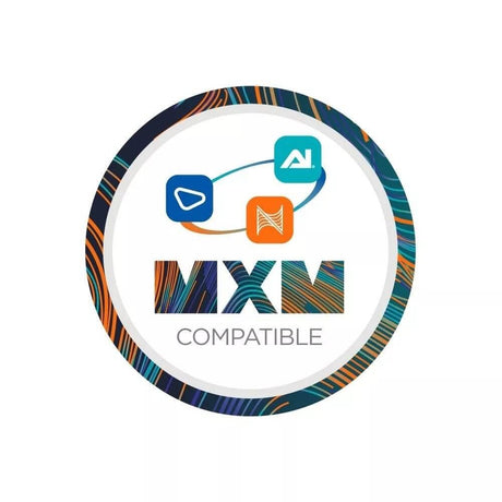 MXM compatible logo featuring interconnected icons with a colorful circular design.