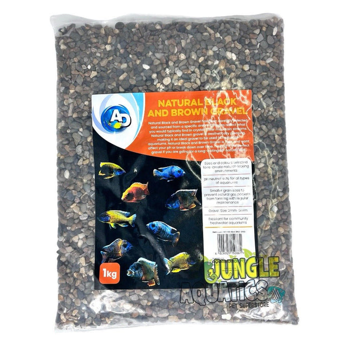 Natural Black and Brown Gravel 1kg bag for freshwater aquariums with colorful fish graphics. Ideal for aquascaping.