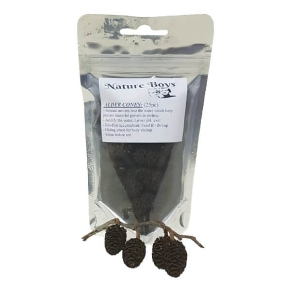 Nature Boys Alder Cones 25pc package for enhancing aquarium health and beauty.