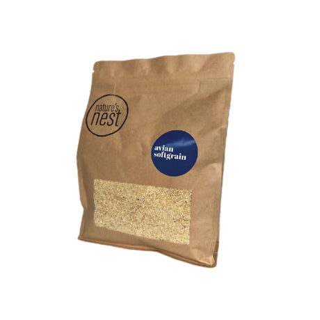Nature's Nest Avian Softgrain 1kg bag, ideal for small birds like finches and budgies, offering high nutrition and finer consistency.