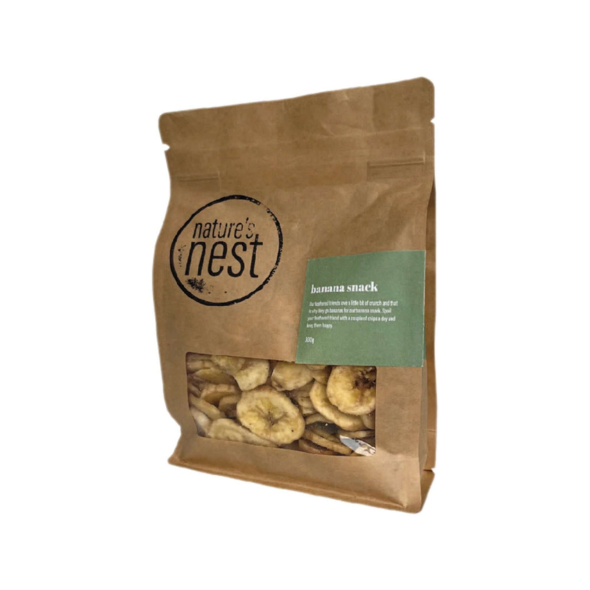 Nature's Nest Banana Snack 300g bag featuring dried banana chips for birds, ideal treat for feathered friends.