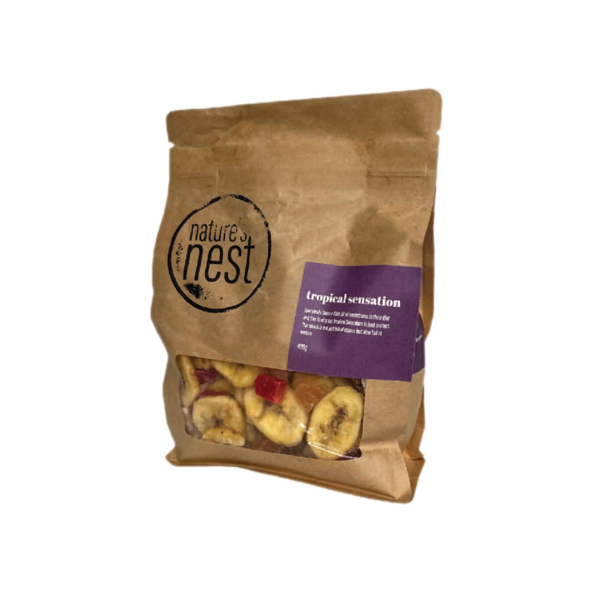 Nature’s Nest Tropical Sensation 400g snack bag with coconut, pineapple, strawberry, and banana chips.