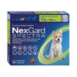 NexGard Spectra chewable tablets for dogs, beef-flavored, effective against fleas, ticks, and heartworms, packaging design.