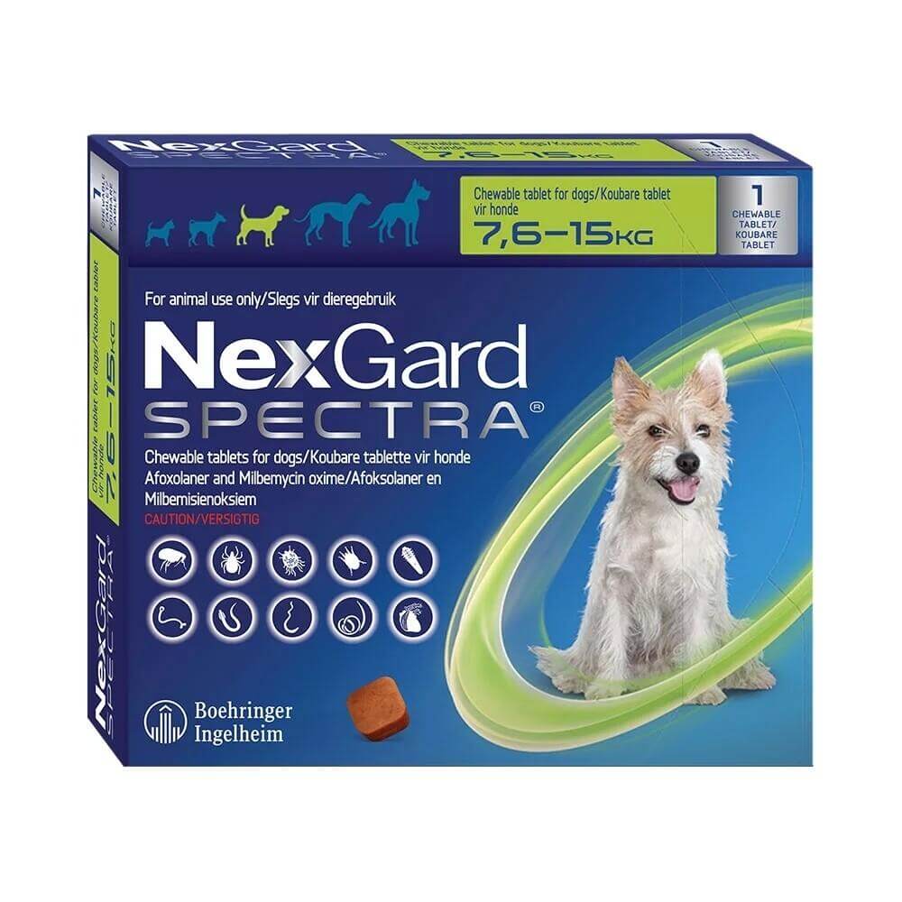 NexGard Spectra chewable tablets for dogs, beef-flavored, effective against fleas, ticks, and heartworms, packaging design.