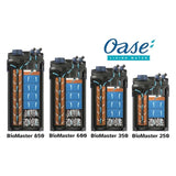 Oase BioMaster Thermo Canister Filters including BioMaster 850, 600, 350, and 250 showcasing filter design and components.