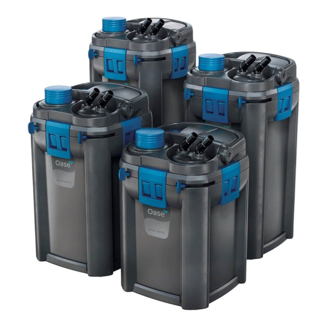 Oase BioMaster Thermo Canister Filters showcasing four units with easy-clean pre-filter and adjustable heater features.
