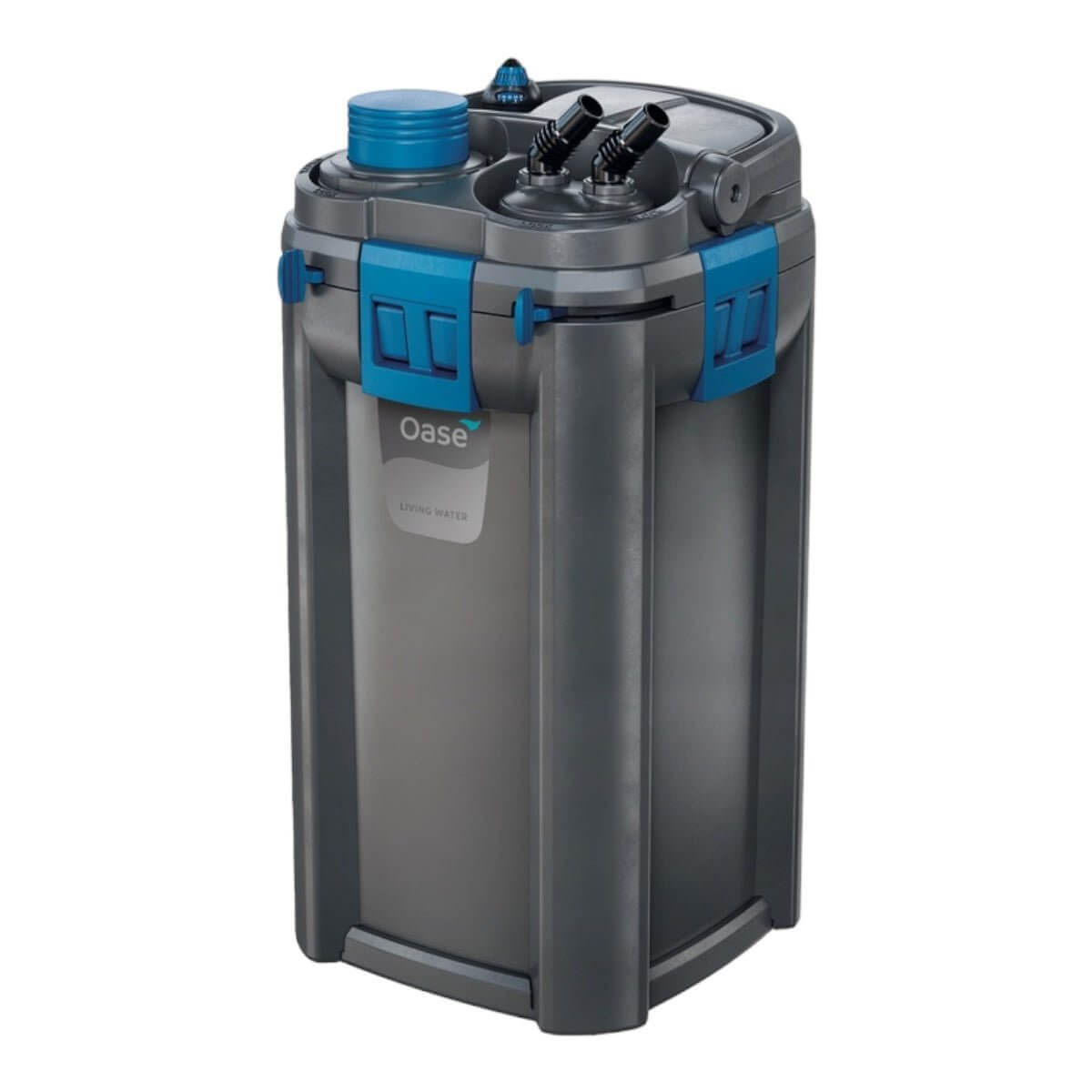 Oase BioMaster Thermo Canister Filter with blue accents, designed for easy cleaning and optimal water quality in aquariums.