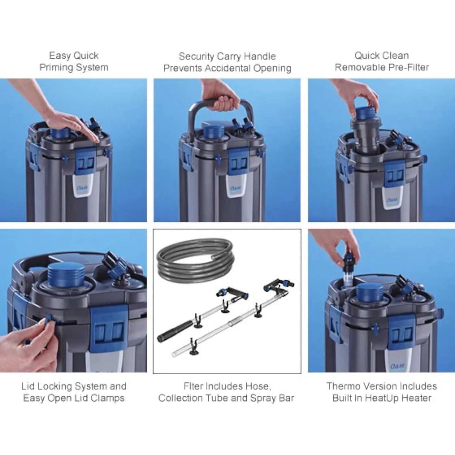 Oase BioMaster Thermo Canister Filter features including priming system, carry handle, pre-filter, and heat-up heater details.