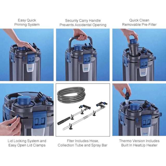 Oase BioMaster Thermo Canister Filter features including priming system, carry handle, pre-filter, and heat-up heater details.