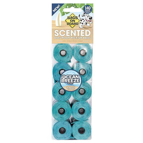 Ocean breeze scented dog poop pick-up bags, 140 count, with double-sealed seams for leakproof waste collection.