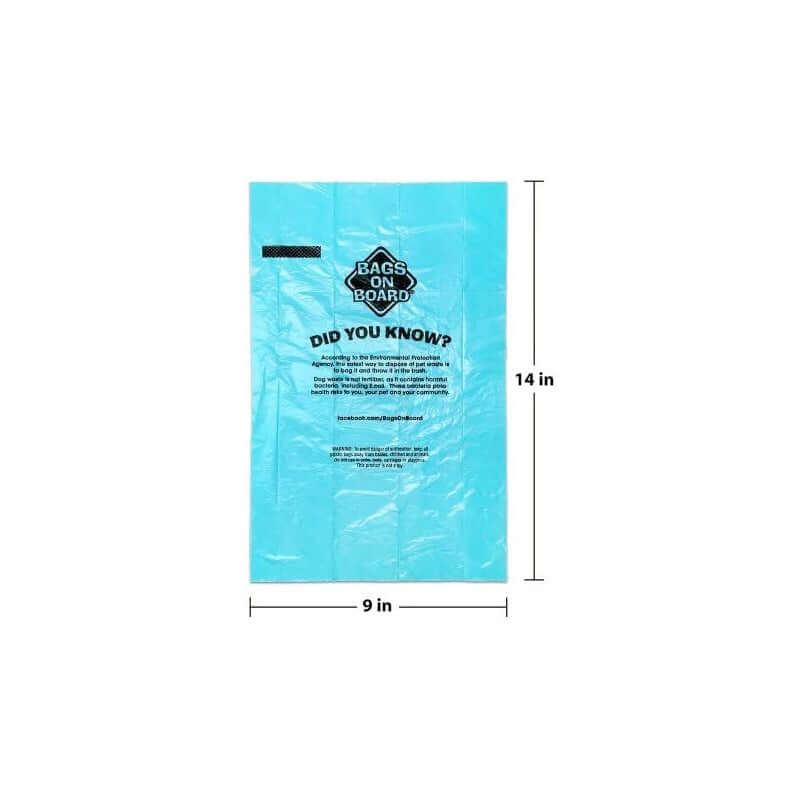 Ocean breeze scented dog waste pick-up refill bag measuring 9x14 inches, featuring strong, leakproof design for easy pet cleanup.