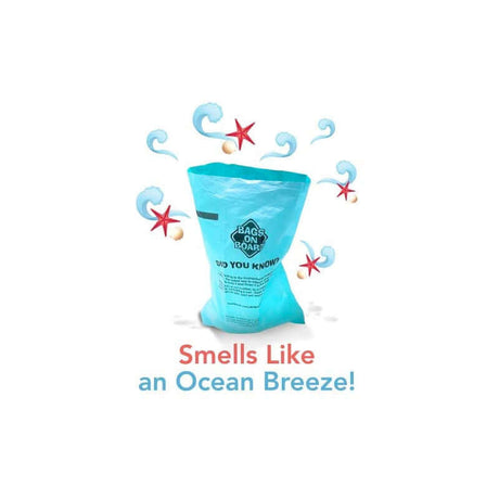 Ocean breeze scented dog waste pickup refill bags with ocean-themed design and text "Smells Like an Ocean Breeze!"