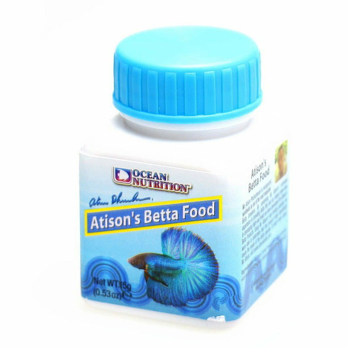 Ocean Nutrition Atison's Betta Food container with blue lid, premium floating pellets for Betta fish nutrition.