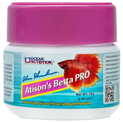 Ocean Nutrition Atison Betta Food Pro 75g container for Betta fish growth and conditioning, designed for breeders and hobbyists.