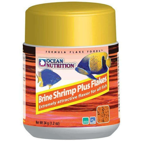 Ocean Nutrition Brine Shrimp Plus Flakes container, a nutritious food for tropical fish with high protein content.