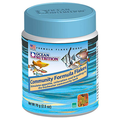 Ocean Nutrition Community Formula Flake for freshwater fish, 70g; enhances appetite, coloration, and breeding in community tanks.