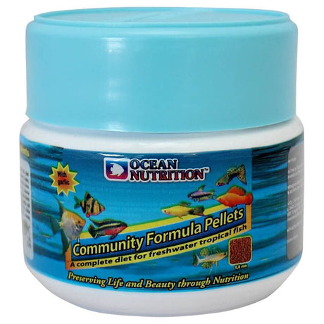 Ocean Nutrition Community Formula Pellets 100g jar for freshwater tropical fish, rich in proteins and vitamins for vitality and color.