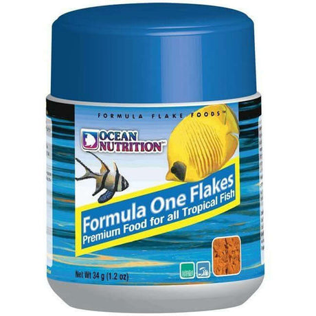 Ocean Nutrition Formula One Flakes container, premium food for all tropical fish, 34g packaging.