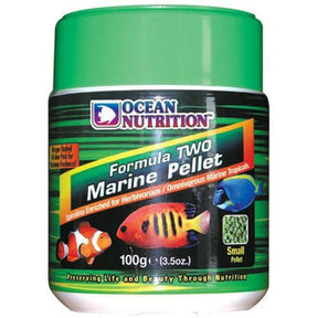 Ocean Nutrition Formula Two Marine Pellets in 100g container for herbivorous and omnivorous fish nutrition.