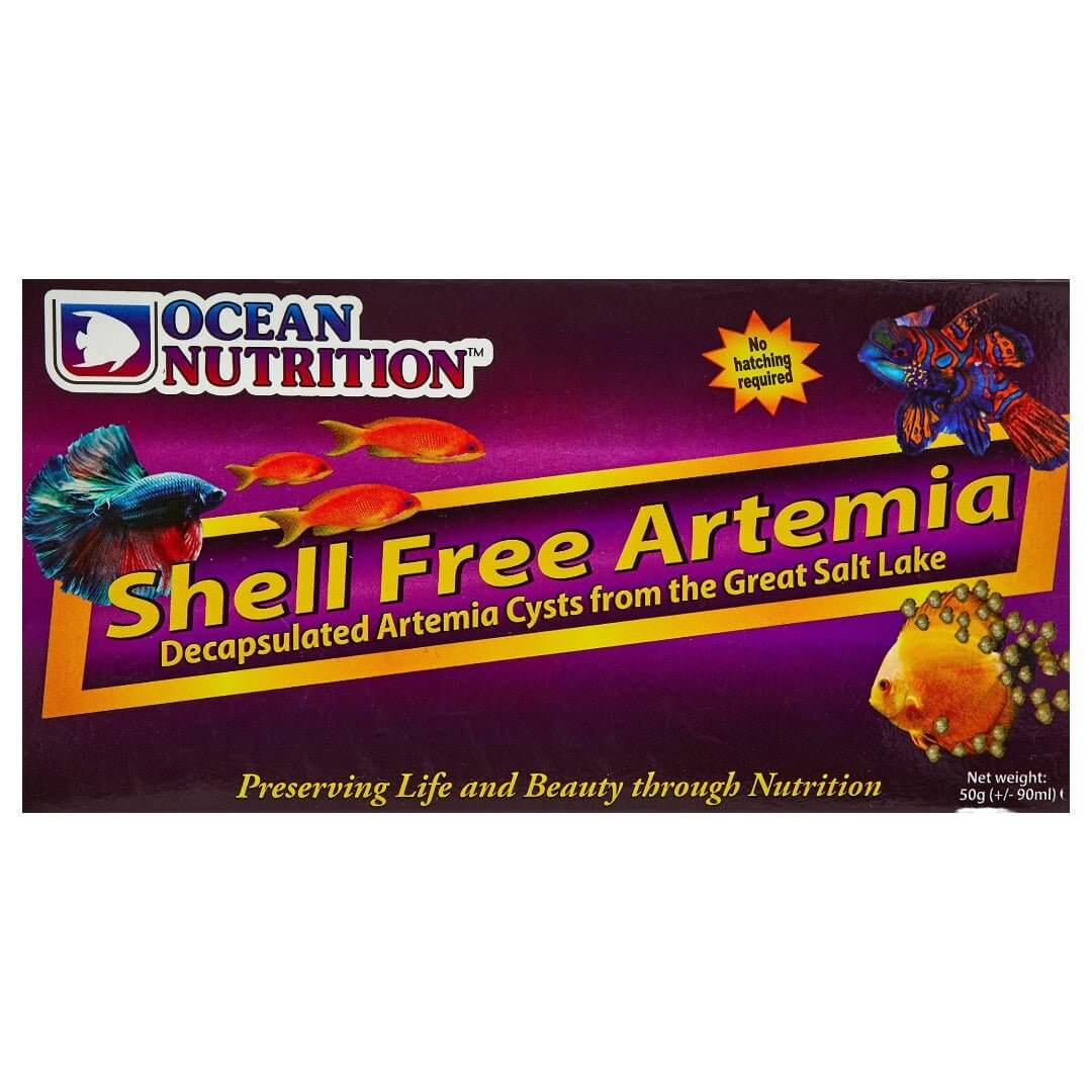 Ocean Nutrition Shell Free Artemia packaging featuring decapsulated Artemia cysts for baby fish nutrition.