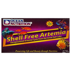 Ocean Nutrition Shell Free Artemia packaging featuring decapsulated Artemia cysts for baby fish nutrition.
