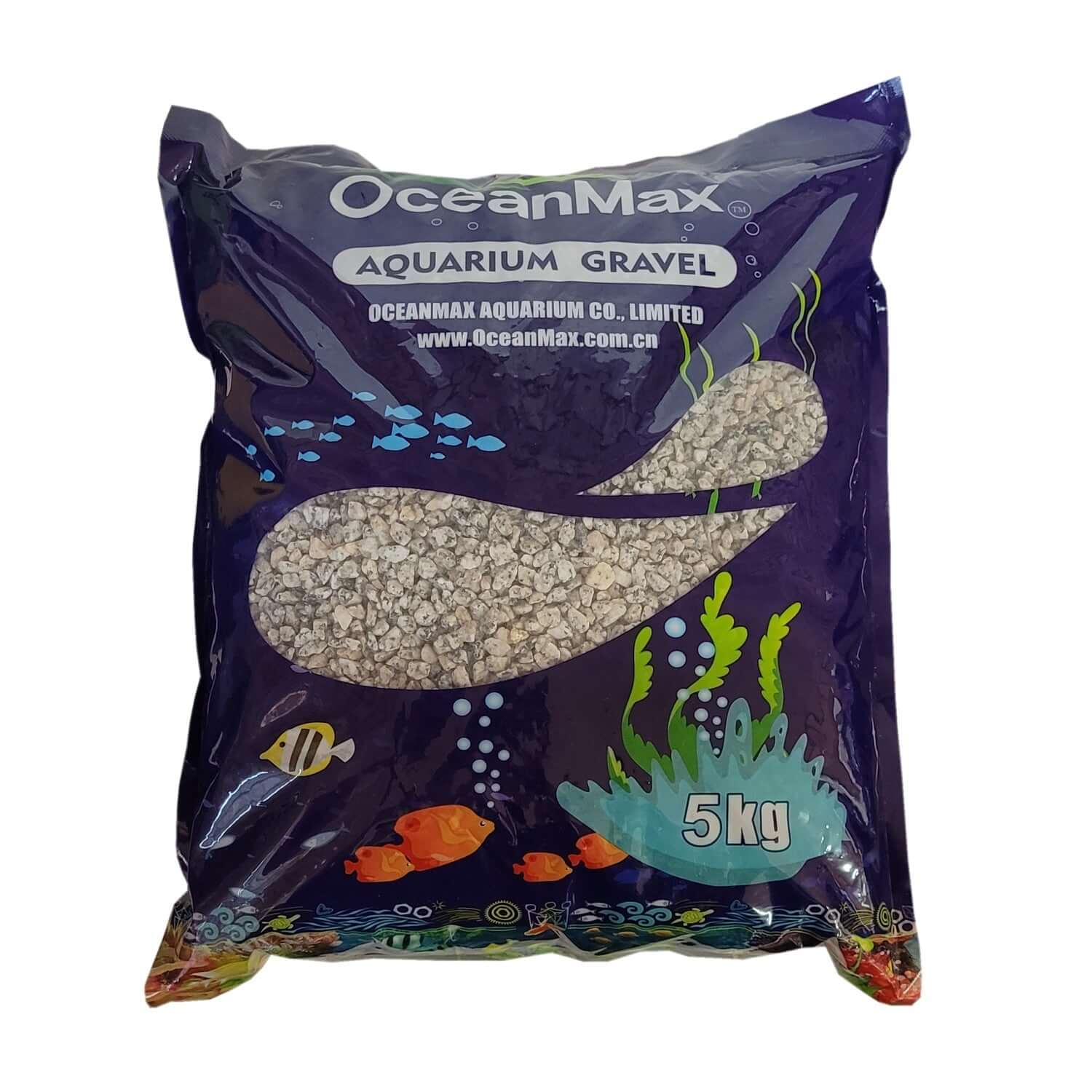 OceanMax 5kg aquarium gravel bag, black and white speckled pebbles for natural aquarium decor.
