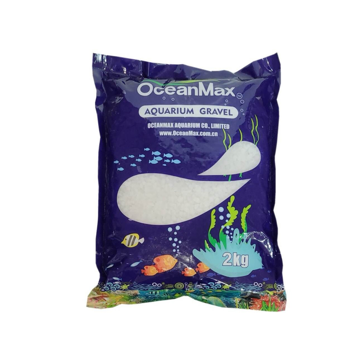 OceanMax aquarium gravel 2kg package, ideal for creating a natural bottom in freshwater or marine aquariums.