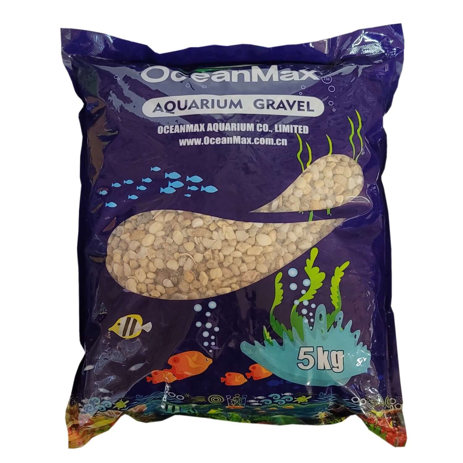 OceanMax aquarium gravel 5kg bag, ideal for creating a natural aquarium bottom and supporting aquatic plant growth.