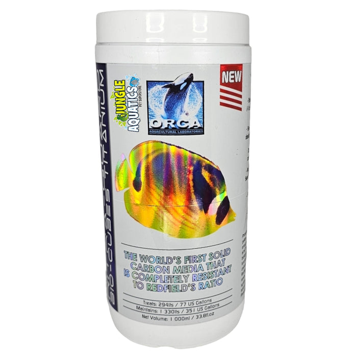 ORCA Nitra-Guard Bio-Cubes Titanium container for nitrate removal in aquariums, featuring vibrant fish graphic.