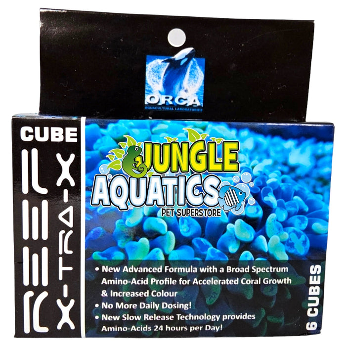 ORCA Reef X-TRA-X Amino Cubes packaging for coral nutrition with 6 cubes, promoting growth and color enhancement.